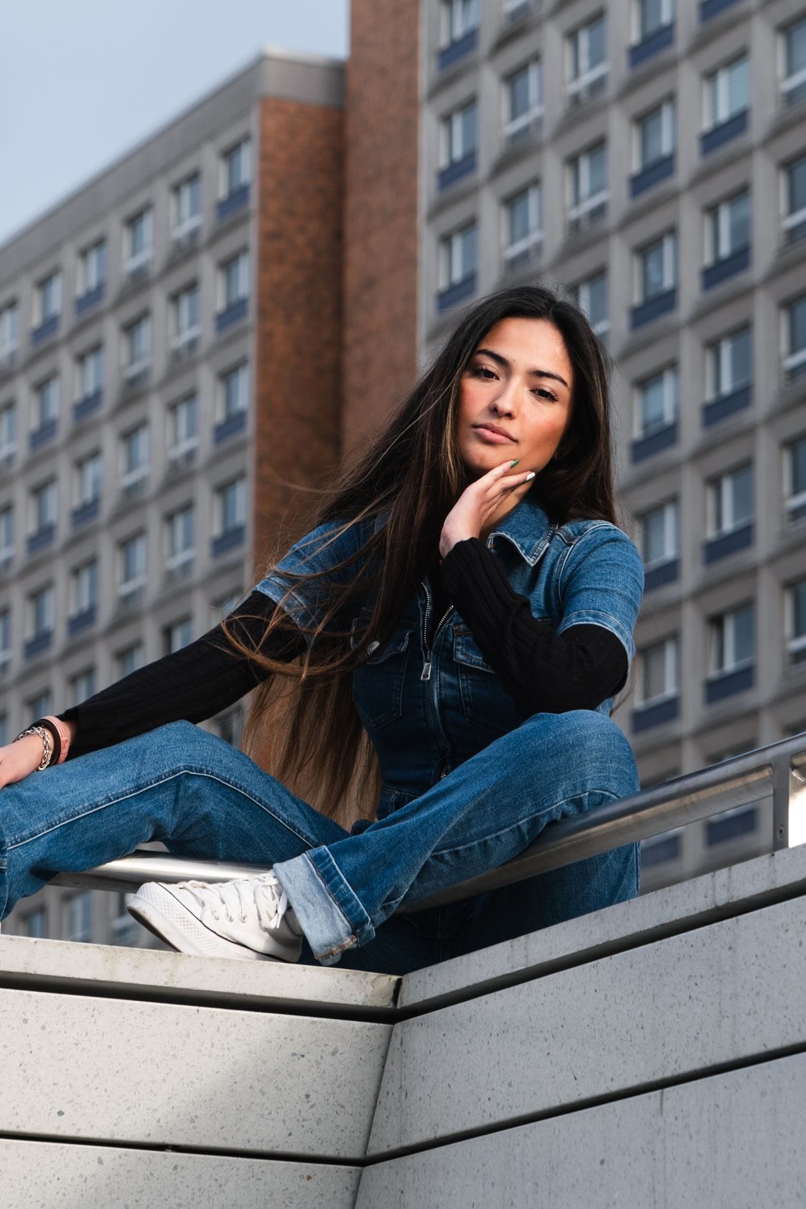 Model in a denim outfit on the street