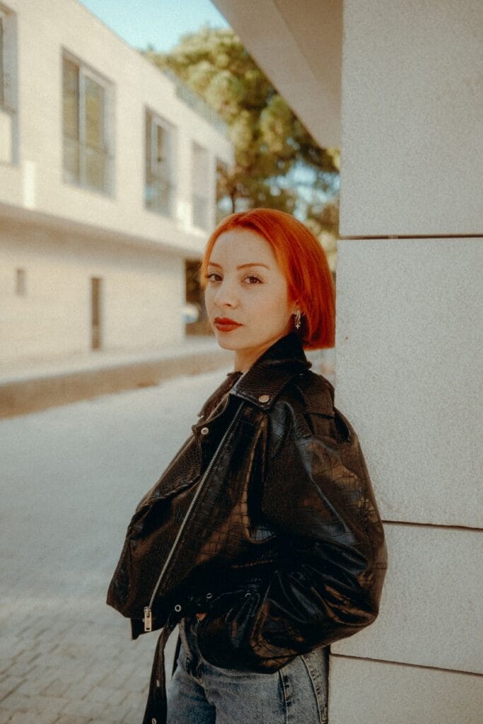 Model in a black leather jacket