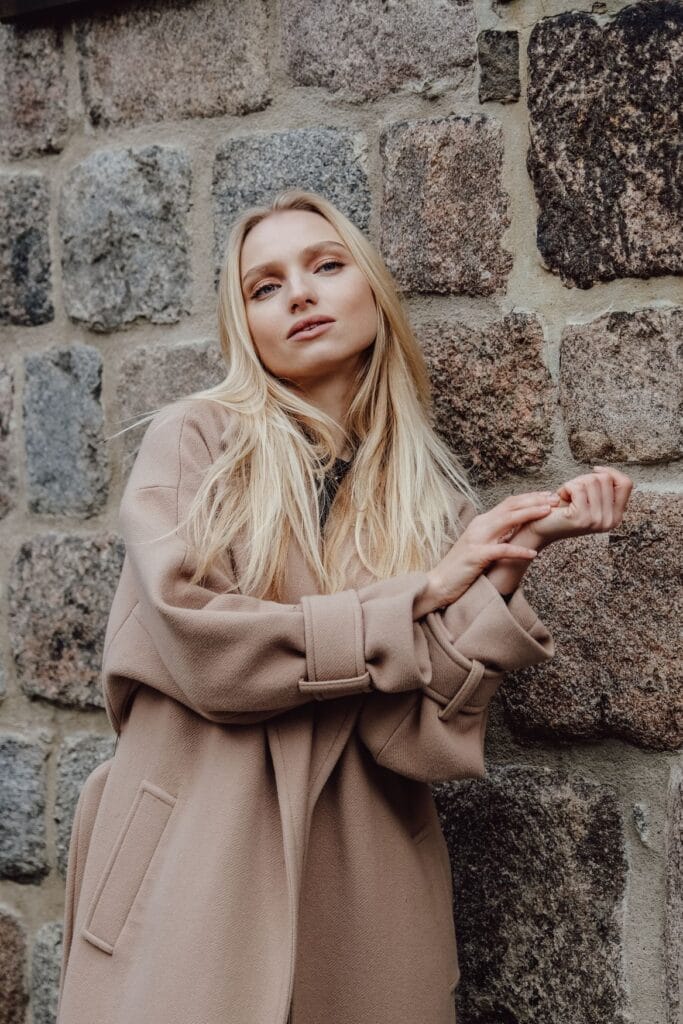 Model in a camel wool coat