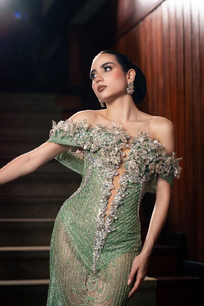 Model in a beaded evening gown