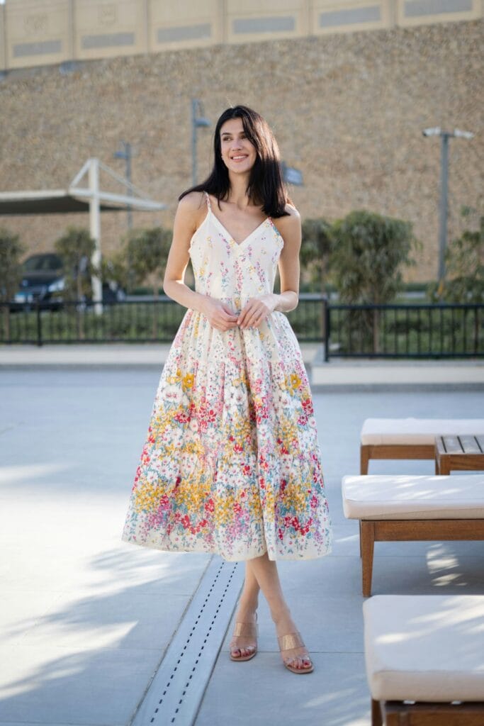 Model in an elegant floral sundress