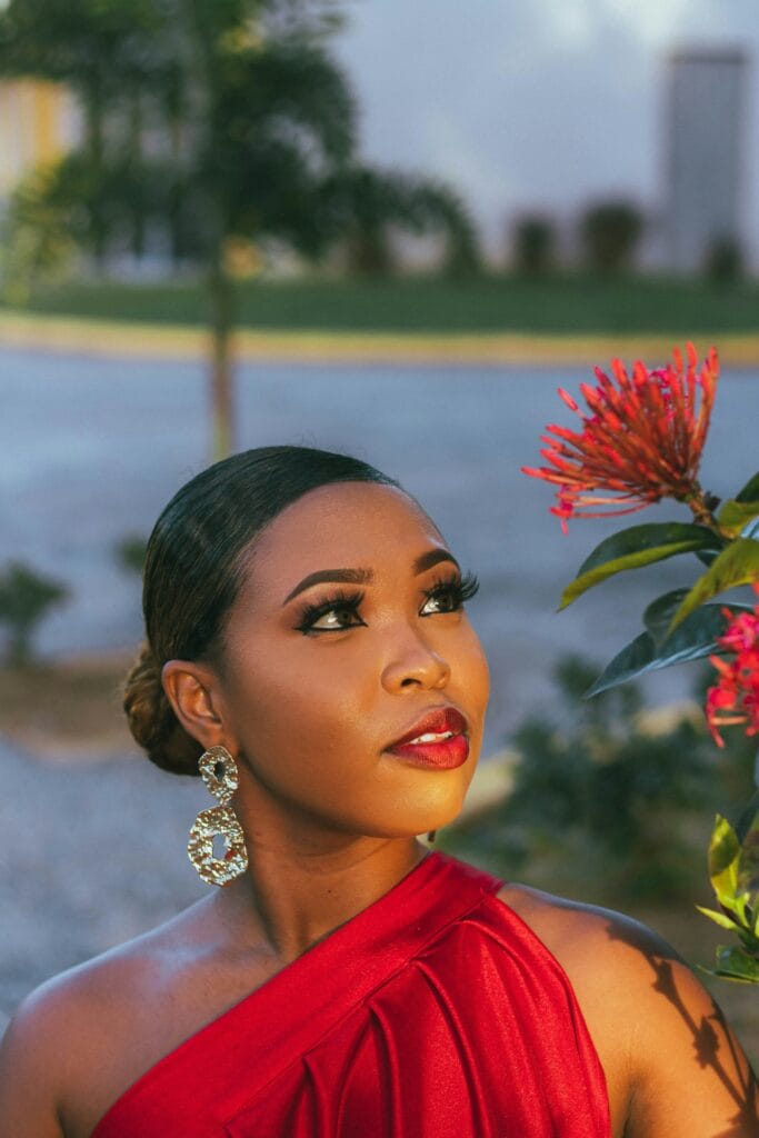 Editorial model in a red dress