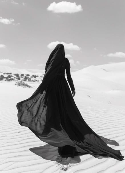 Black abaya in flowing cloth, showing the fall a long modest garment depends on